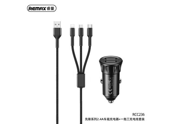 Remax RCC239 Car Charger 2USB 2.4A + Cable 3IN1 Black